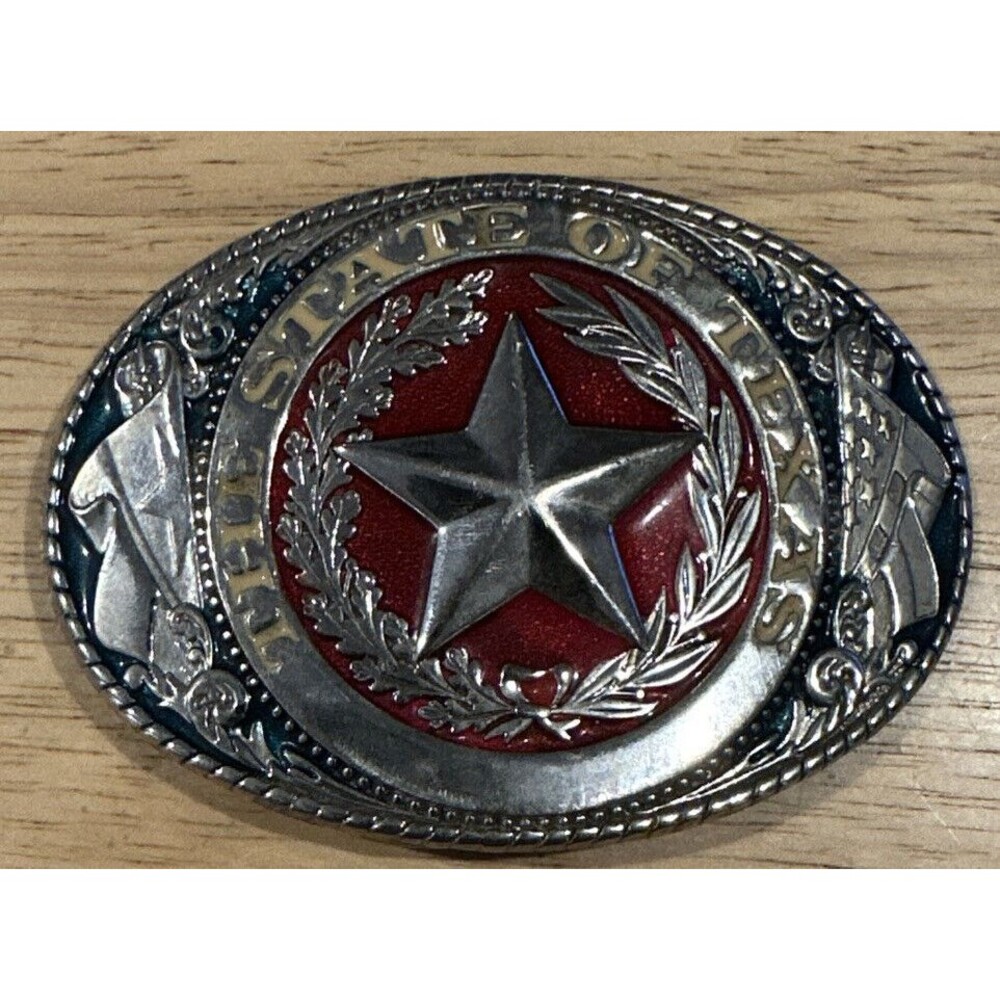 The State of Texas Star Belt Buckle Red Blue Enamel Silver Plate Patriotic Small